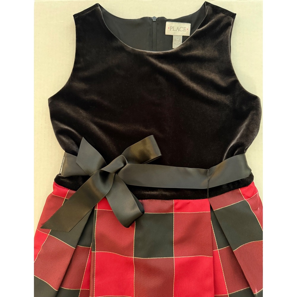 The Children's Place Classic Holiday Dress Girls Size 14 Black/Red Pleated w/Bow